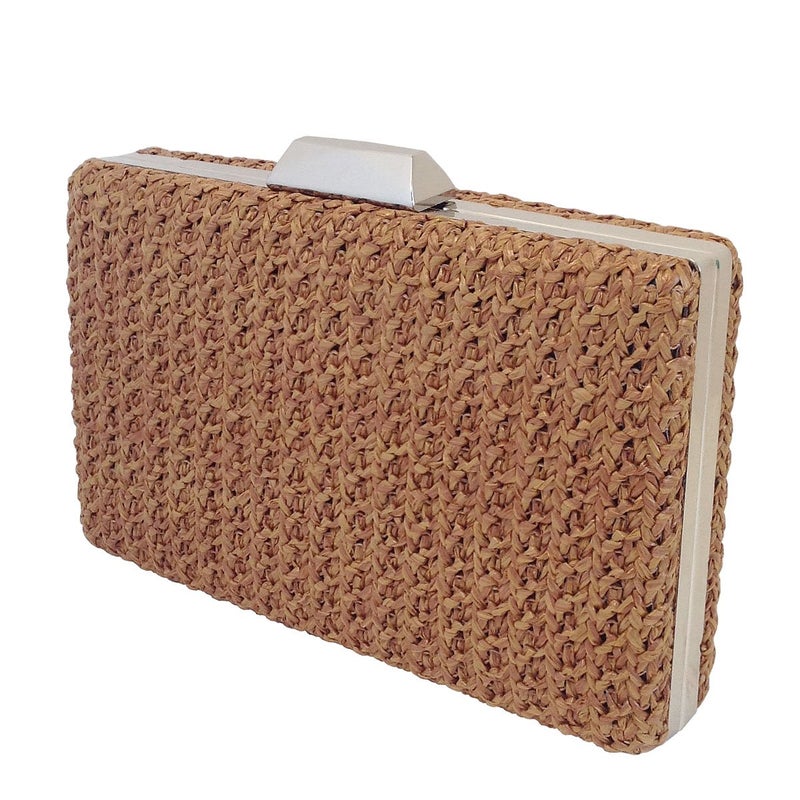 JNB Natural Straw Box Clutch, Tan - Image 2